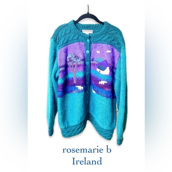 Rosemarie B Sweaters - Vintage 1990s 'Frizzle' rosemarie b Mohair & Wool Cardigan Patchwork Farm Scene